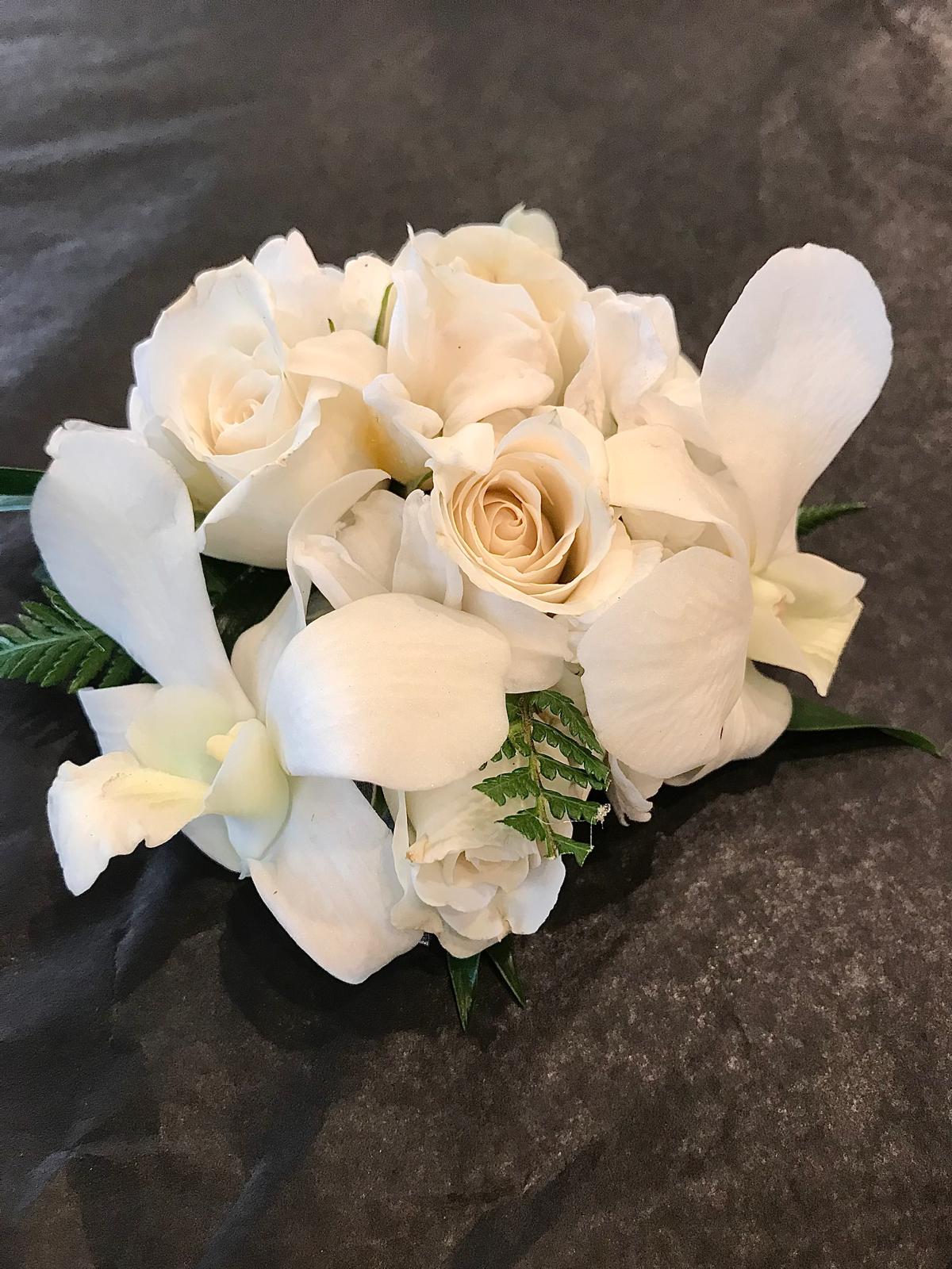 Standard Wrist Corsage - whites/neutrals with roses and orchids